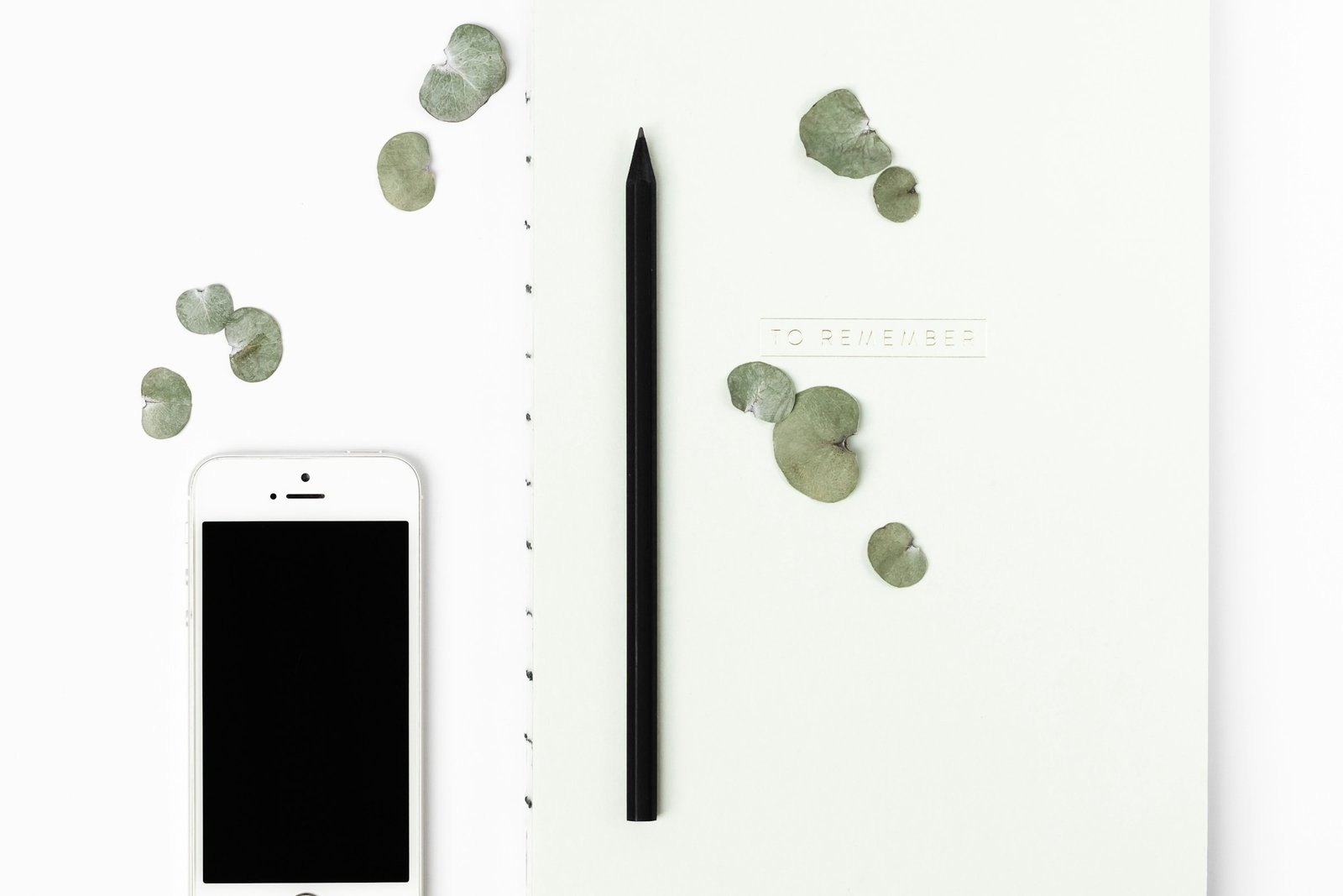 Un smartphone à côté d'un carnet, d'un crayon noir et de feuilles d'eucalyptus sur une table blanche