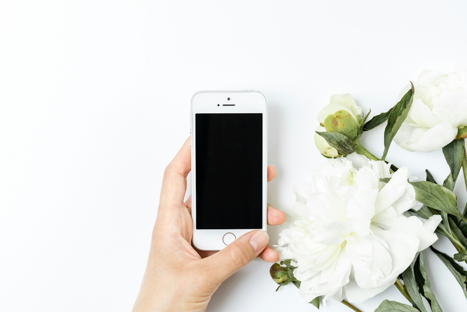 Een hand houdt een smartphone vast naast witte pioenrozen op een witte tafel