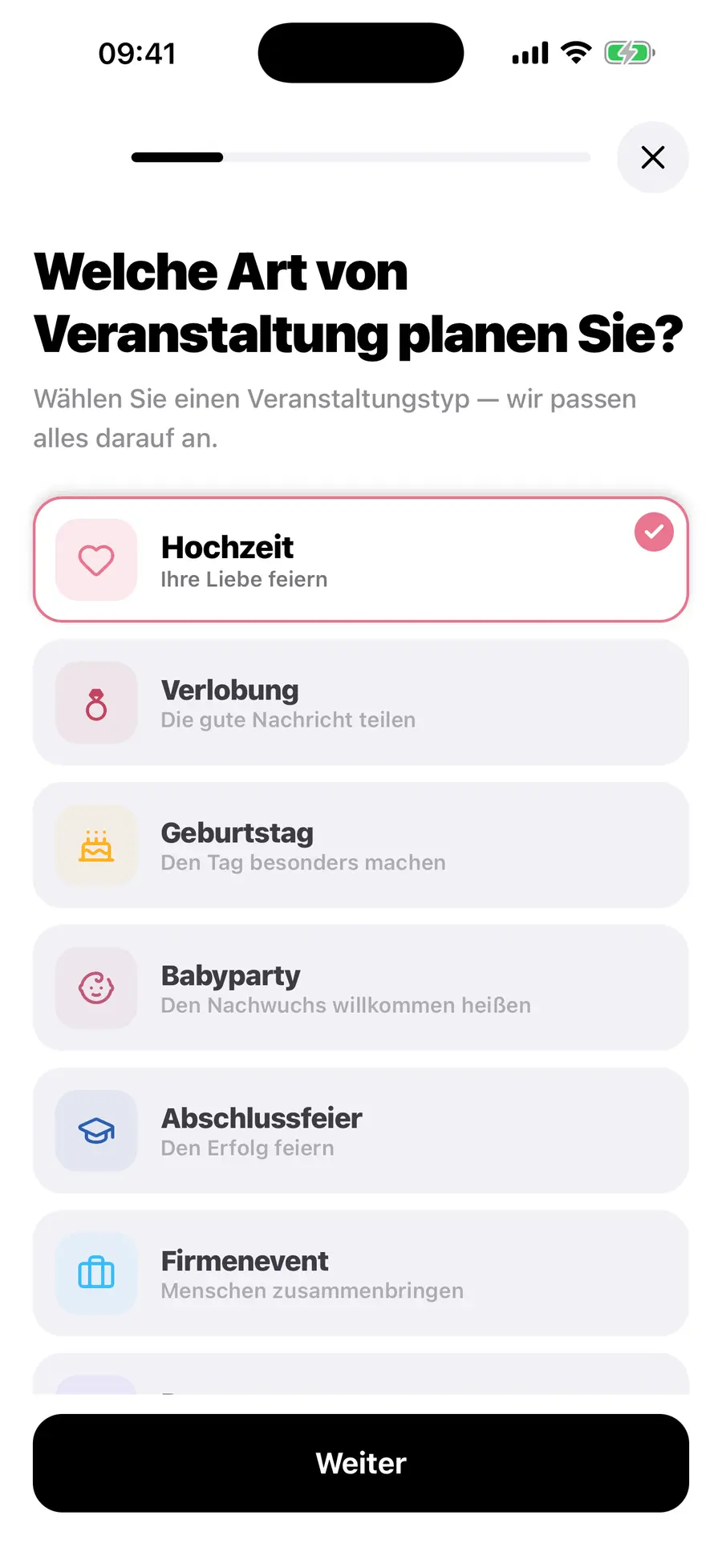 Der Startbildschirm der Vowly-Event-iOS-App mit derselben Hochzeit