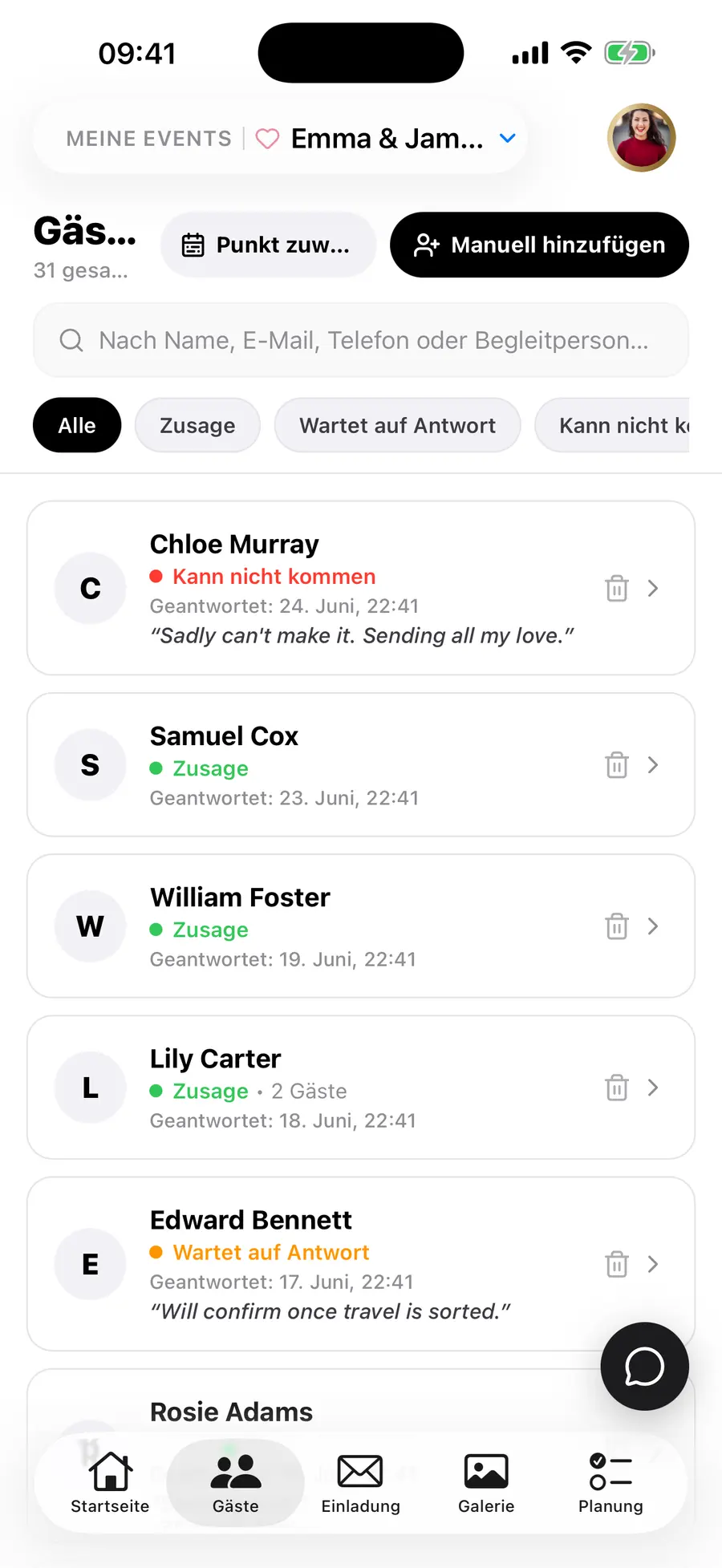 Der Startbildschirm der Vowly-Event-iOS-App mit derselben Hochzeit