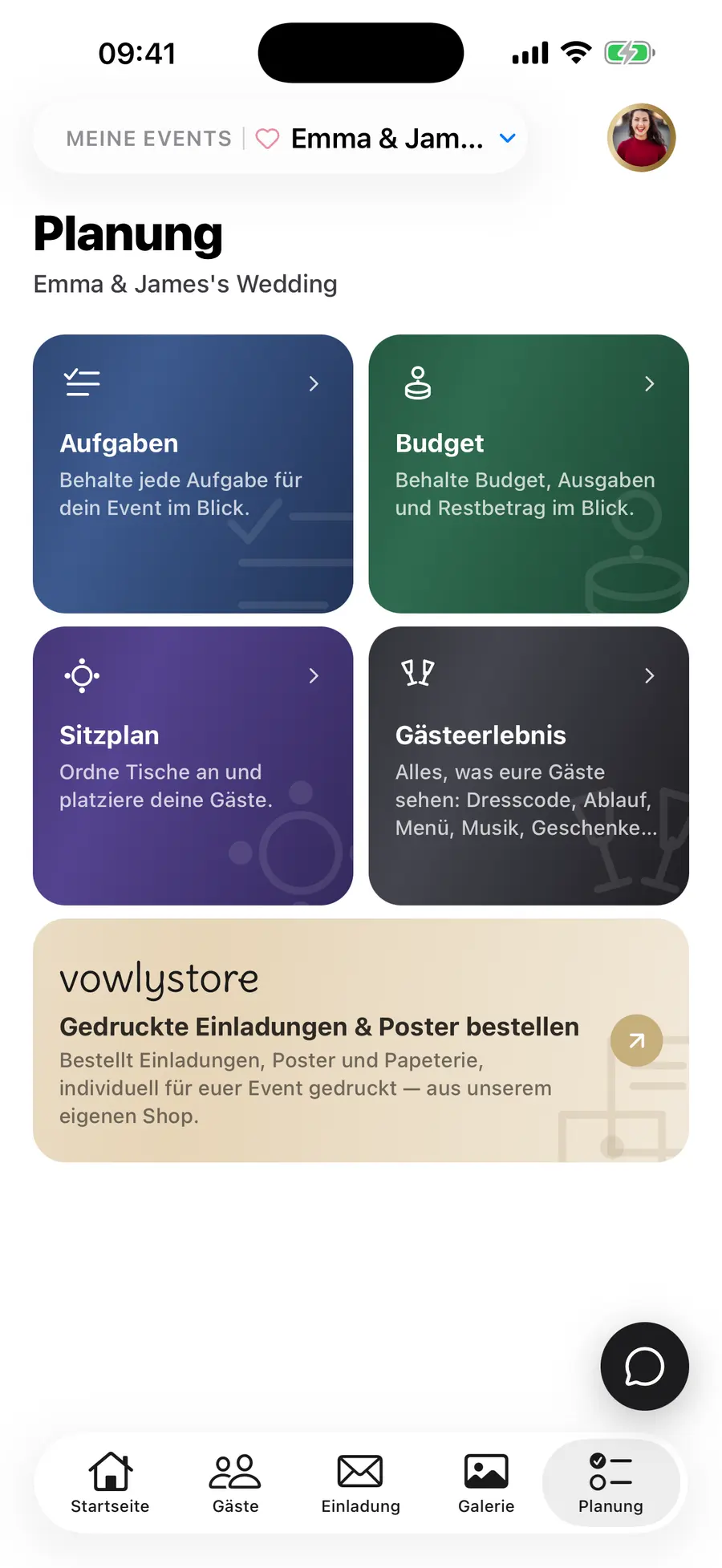 Der Planungsbereich in Vowly Event: Aufgaben, Budget und Sitzplan