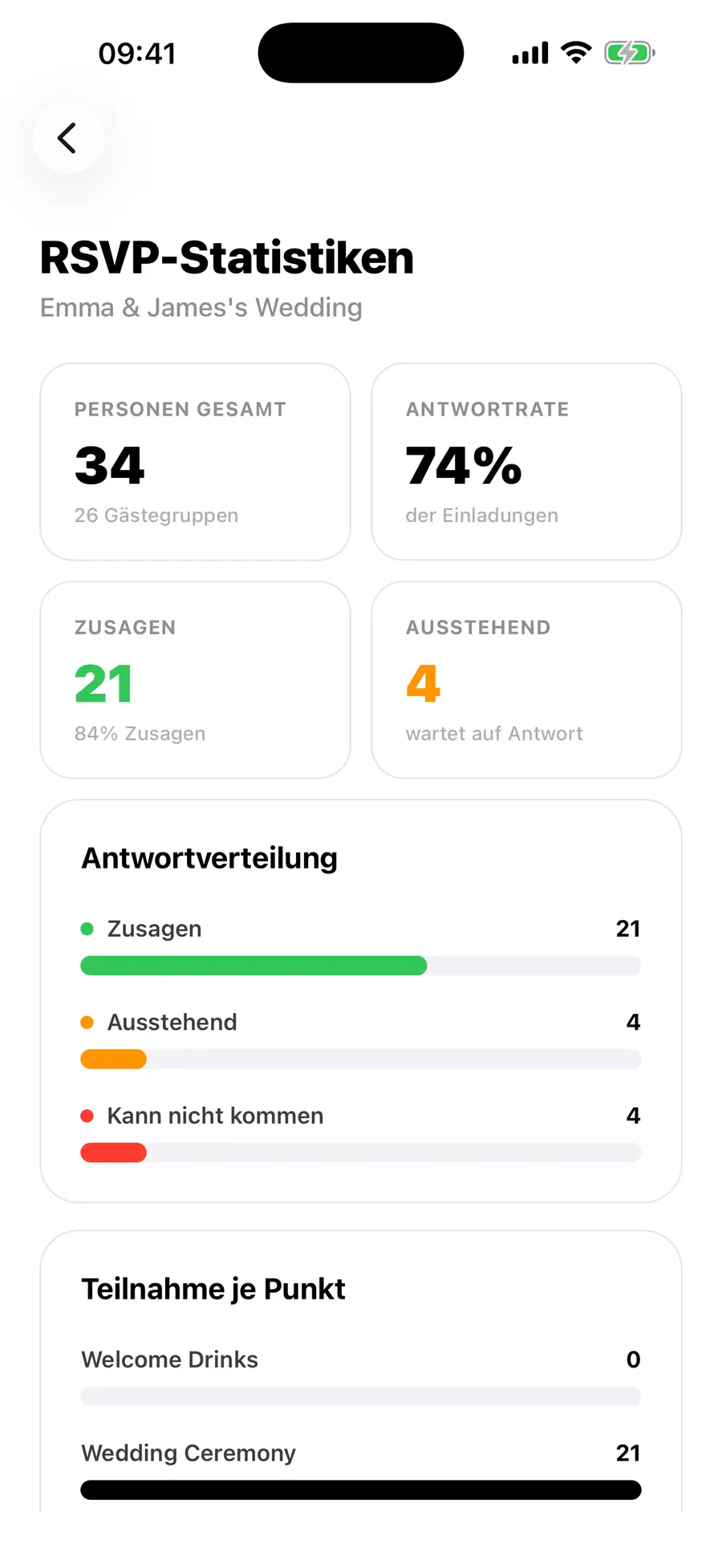 Der Startbildschirm der Vowly-Event-iOS-App mit derselben Hochzeit