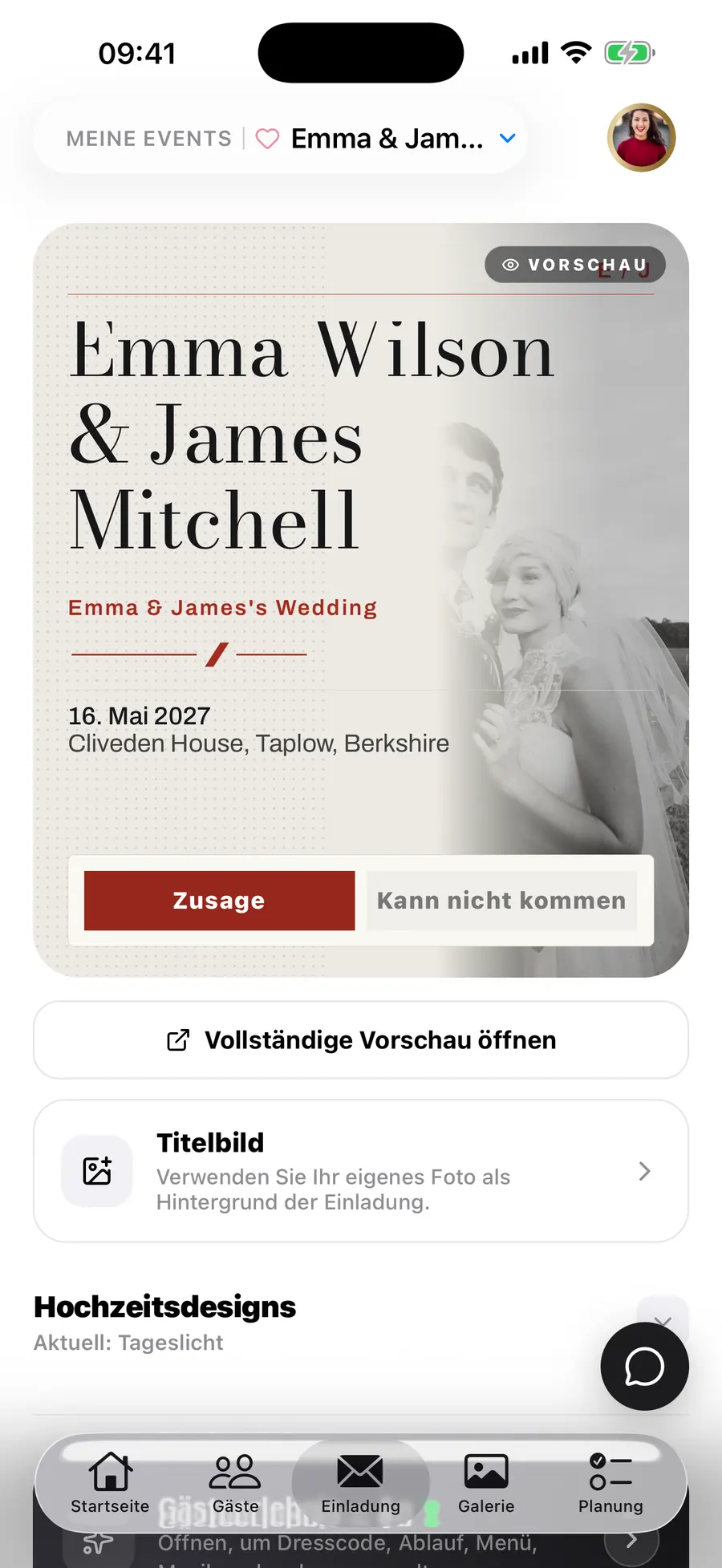 Der Startbildschirm der Vowly-Event-iOS-App mit derselben Hochzeit