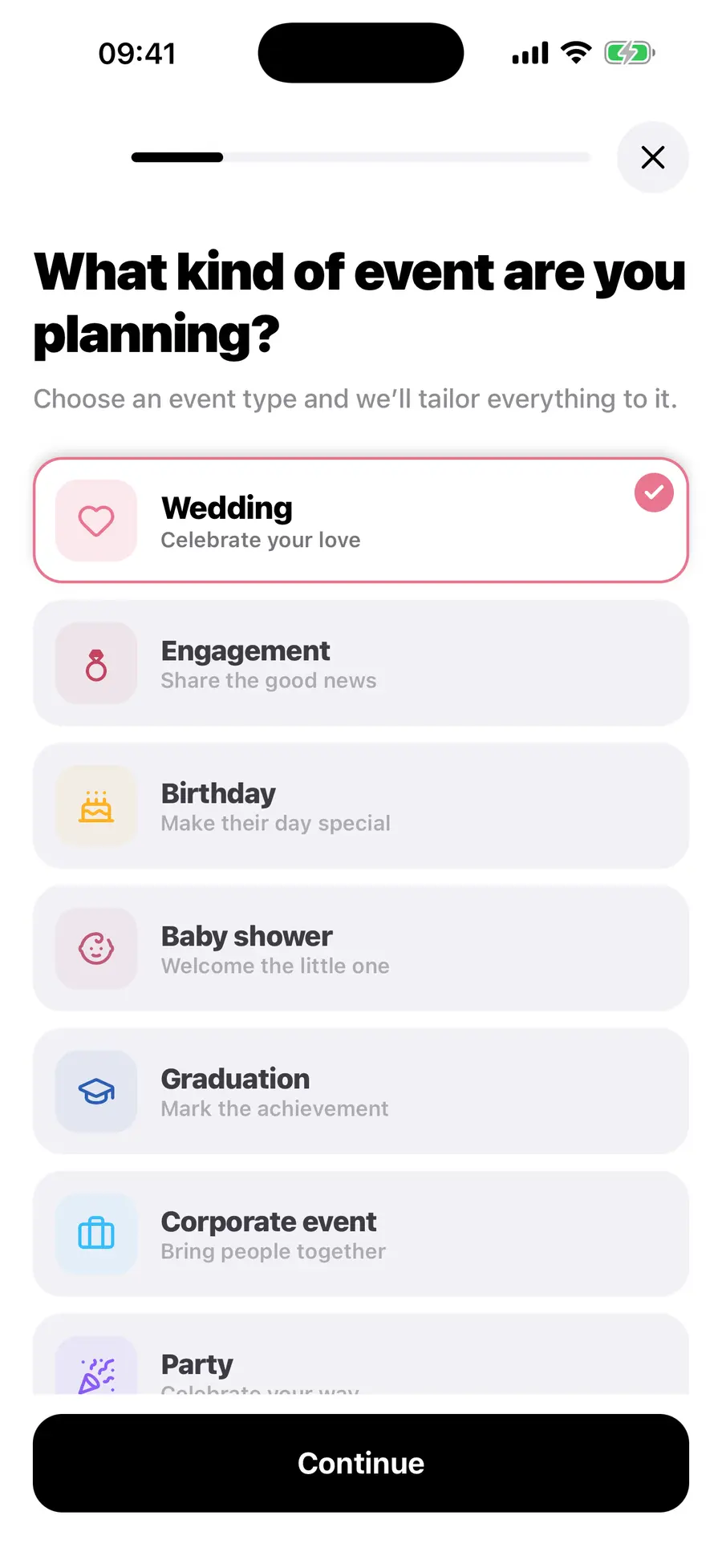 The Vowly Event iOS app home screen, showing the same wedding