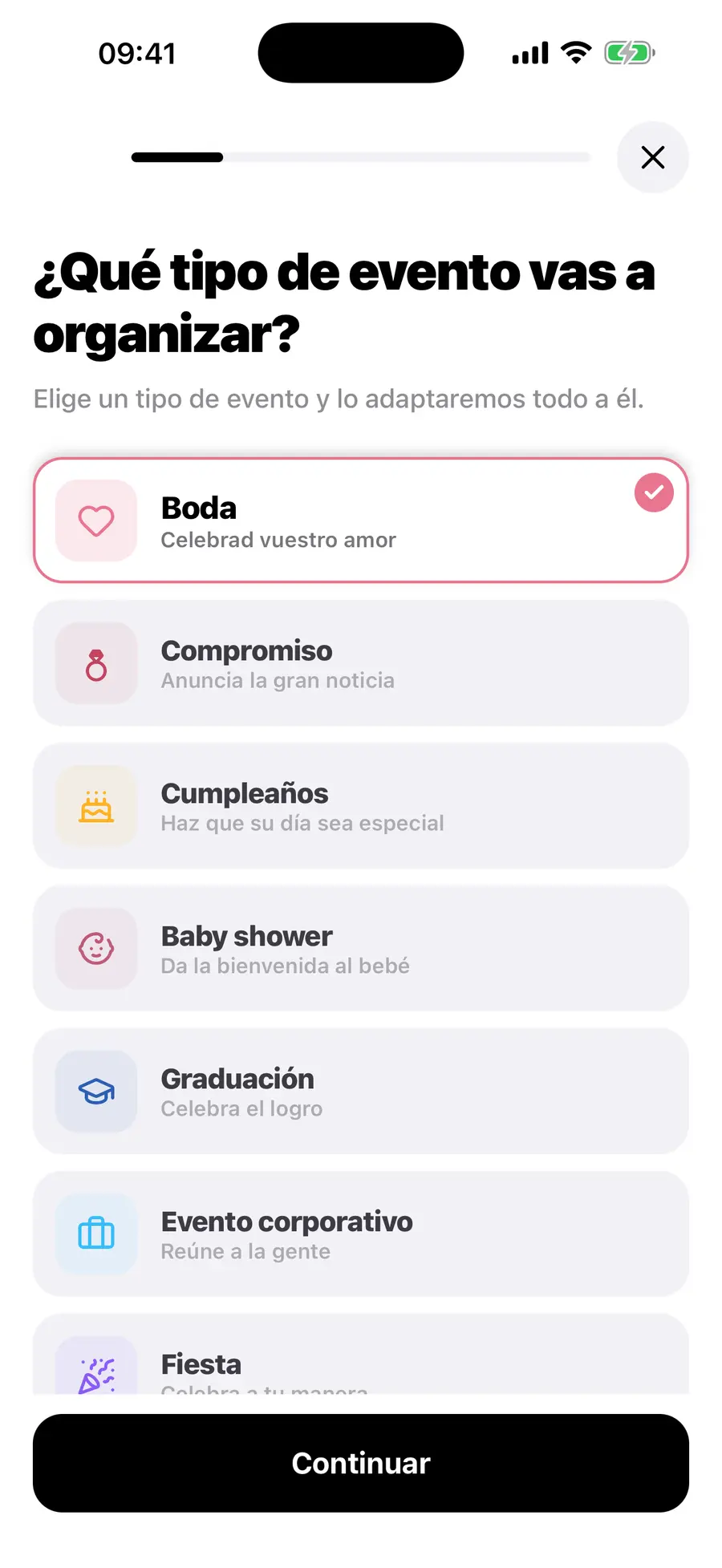 La pantalla de inicio de la app de iOS de Vowly Event, con la misma boda