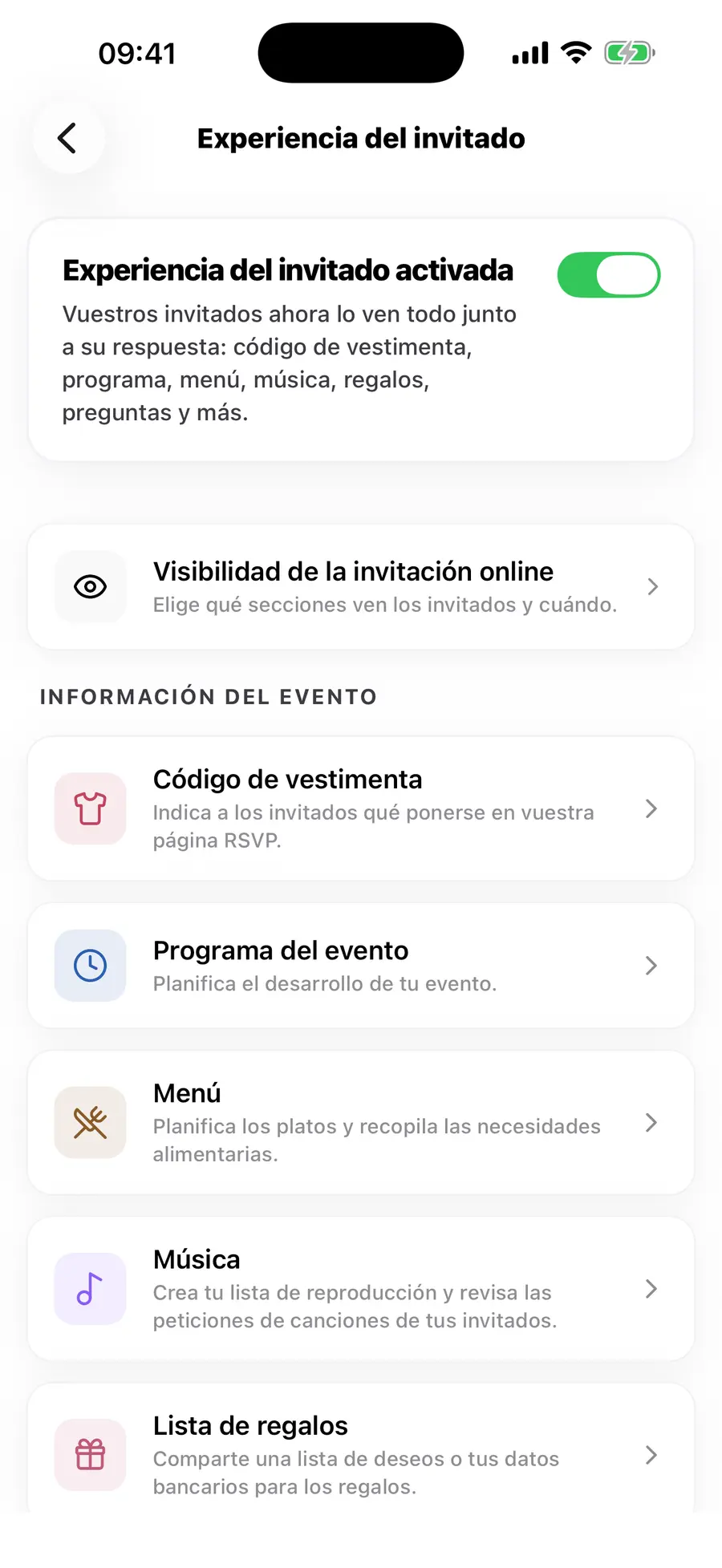 La pantalla de inicio de la app de iOS de Vowly Event, con la misma boda