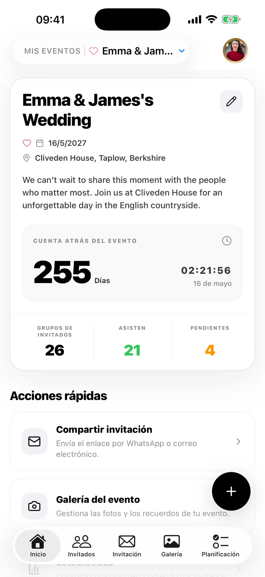 La pantalla de inicio de la app de iOS de Vowly Event, con la misma boda
