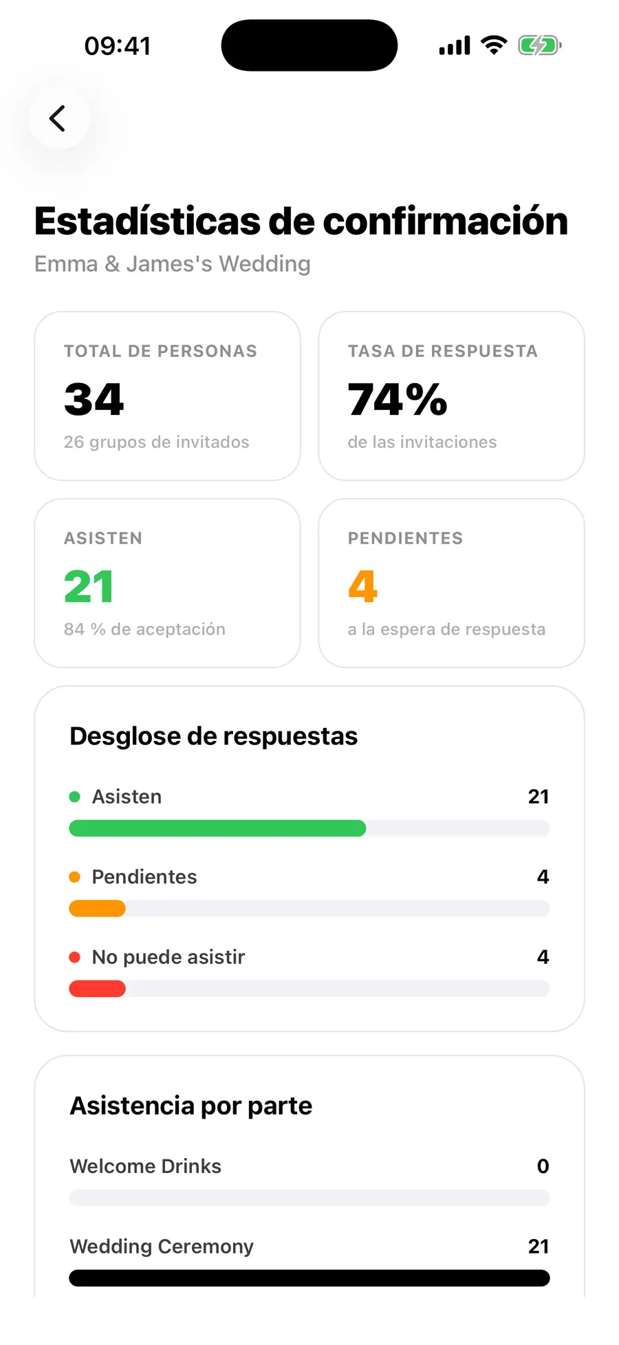 La pantalla de inicio de la app de iOS de Vowly Event, con la misma boda