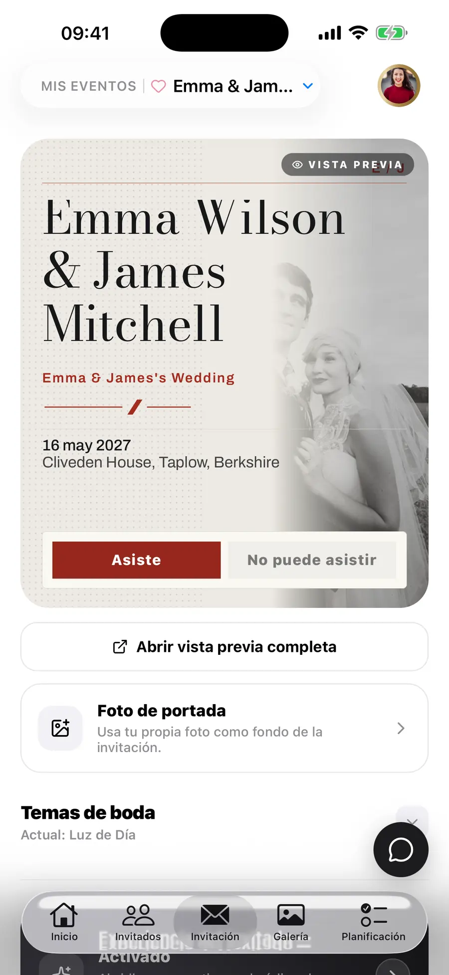 La pantalla de inicio de la app de iOS de Vowly Event, con la misma boda