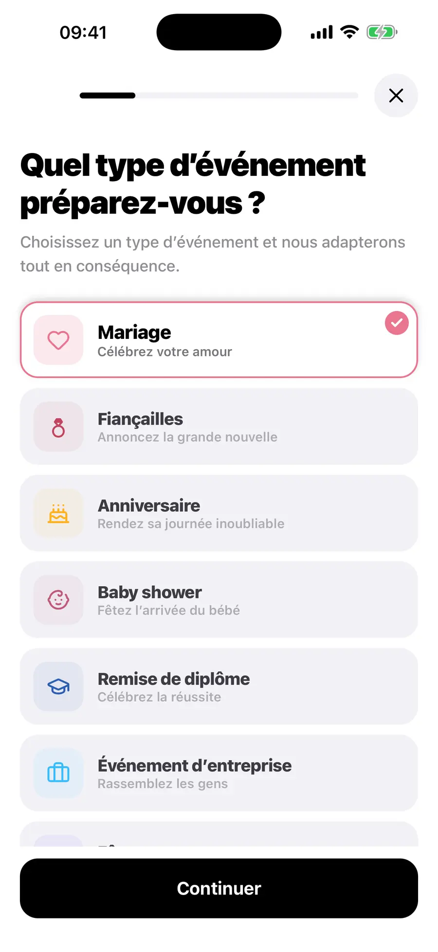 L'écran d'accueil de l'application iOS Vowly Event, avec le même mariage