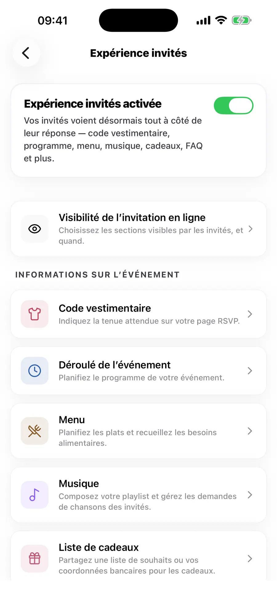 L'écran d'accueil de l'application iOS Vowly Event, avec le même mariage