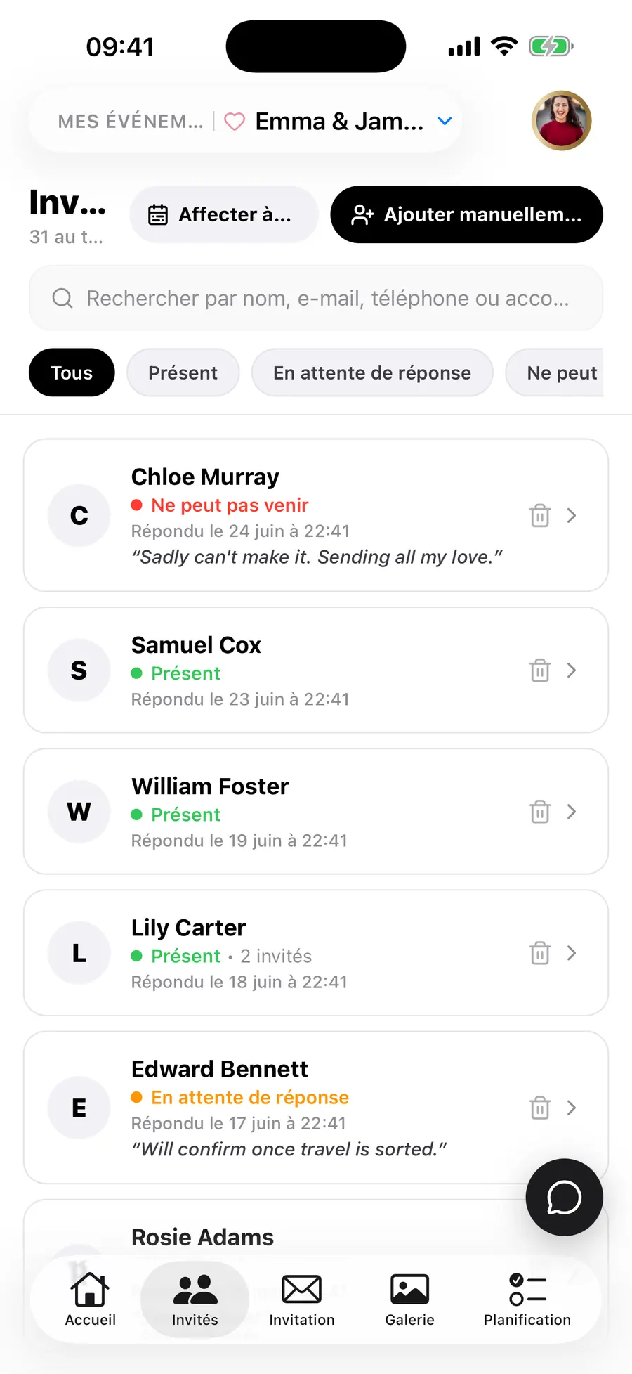 L'écran d'accueil de l'application iOS Vowly Event, avec le même mariage