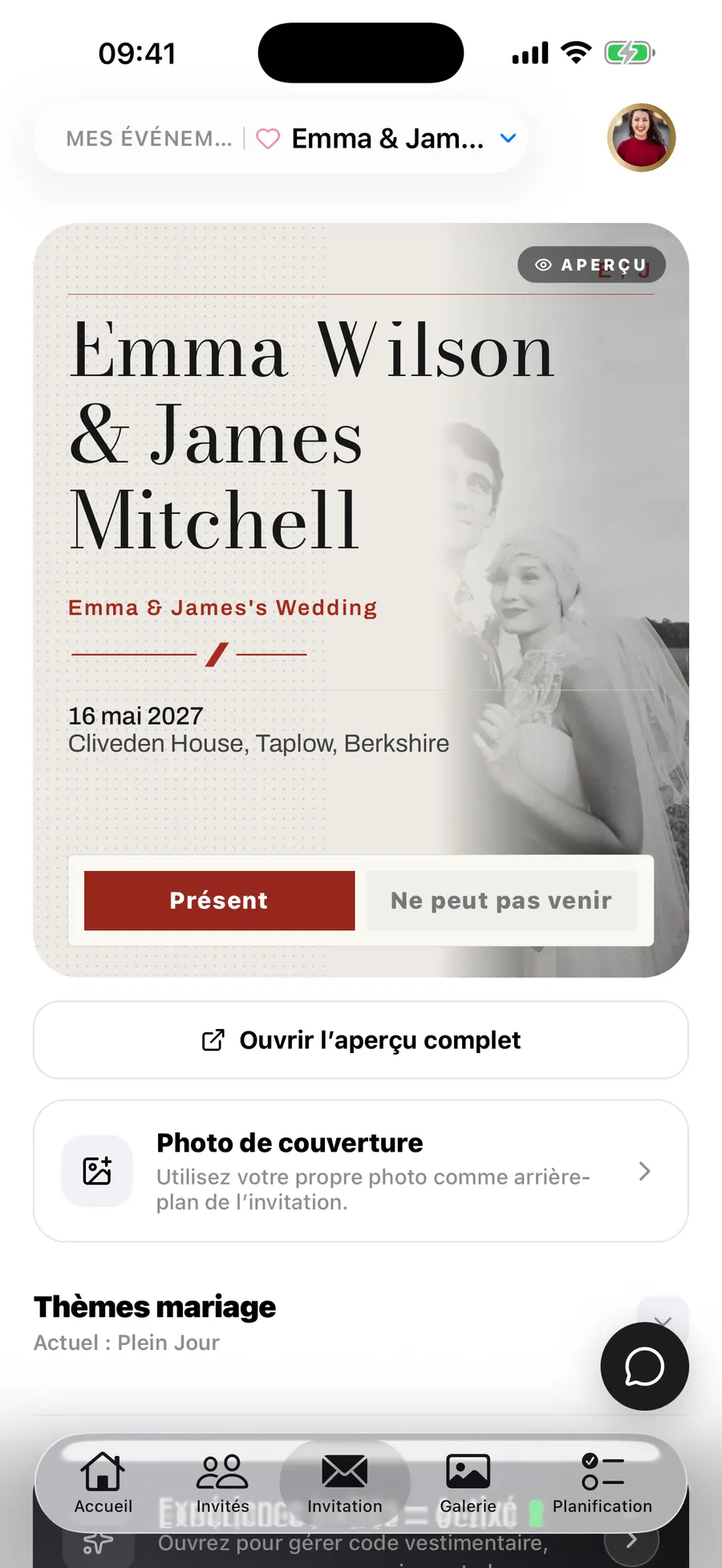 L'écran d'accueil de l'application iOS Vowly Event, avec le même mariage
