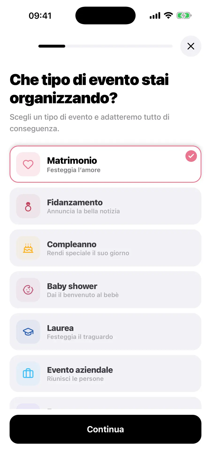 La schermata iniziale dell'app iOS di Vowly Event, con lo stesso matrimonio