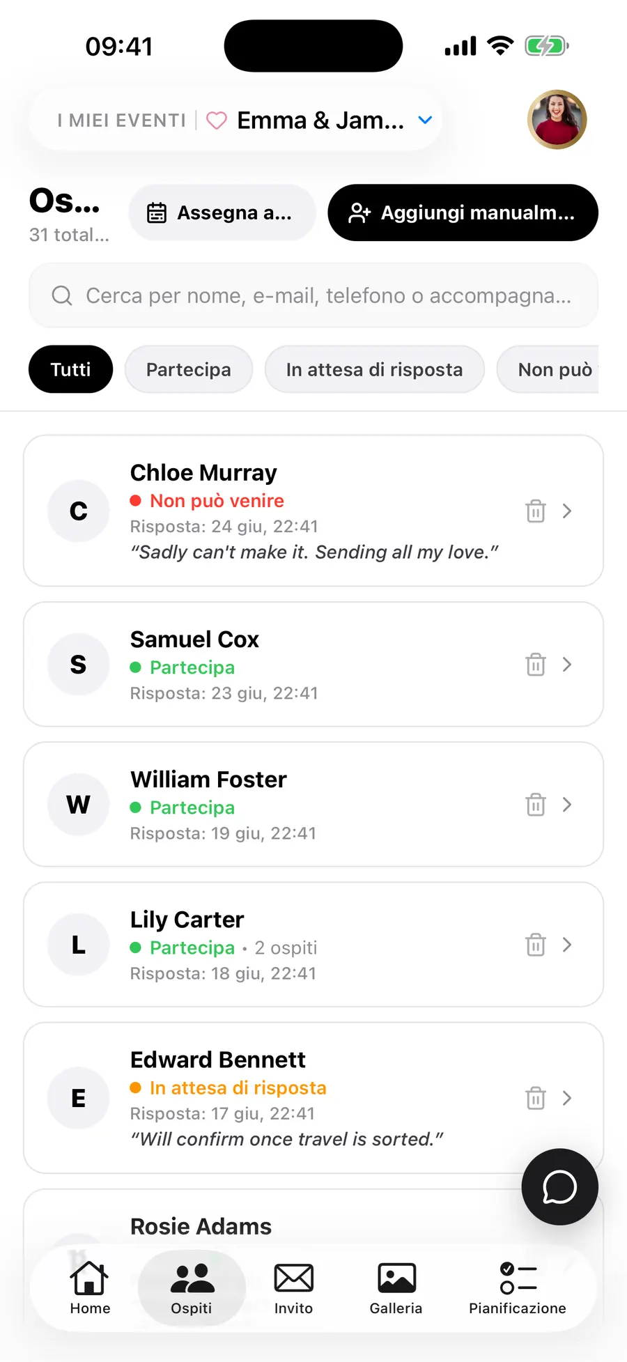 La schermata iniziale dell'app iOS di Vowly Event, con lo stesso matrimonio