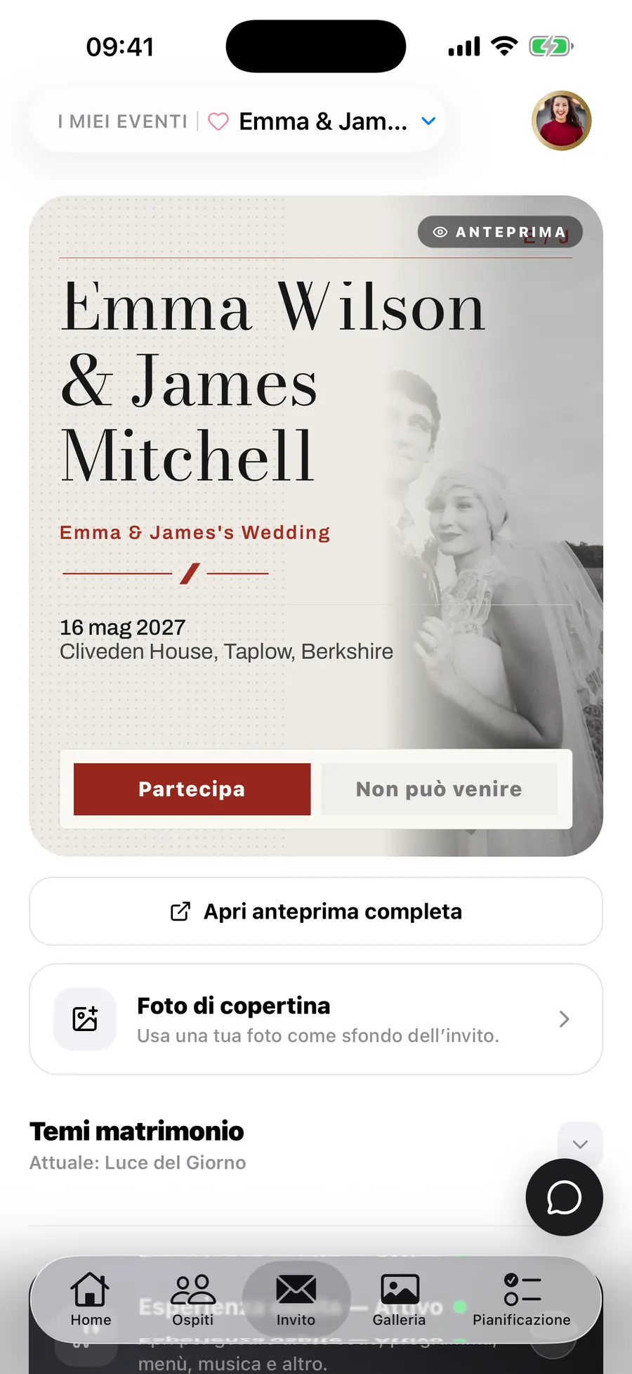 La schermata iniziale dell'app iOS di Vowly Event, con lo stesso matrimonio