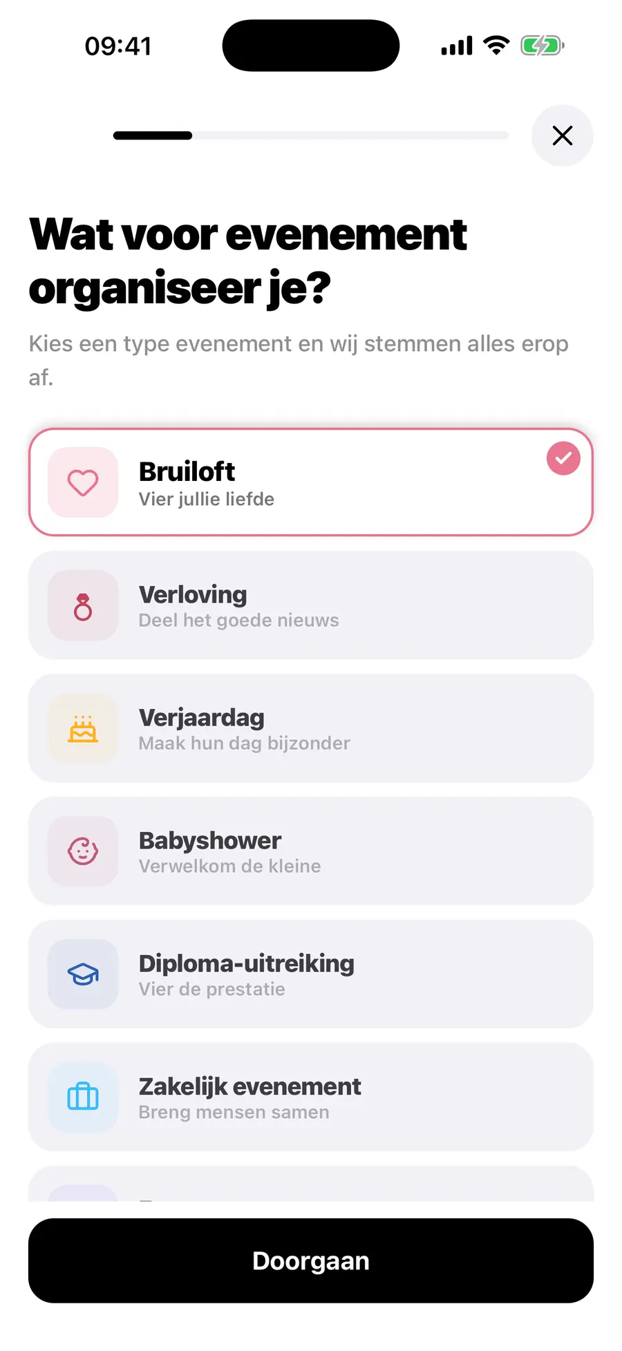 Het startscherm van de Vowly Event iOS-app, met dezelfde bruiloft