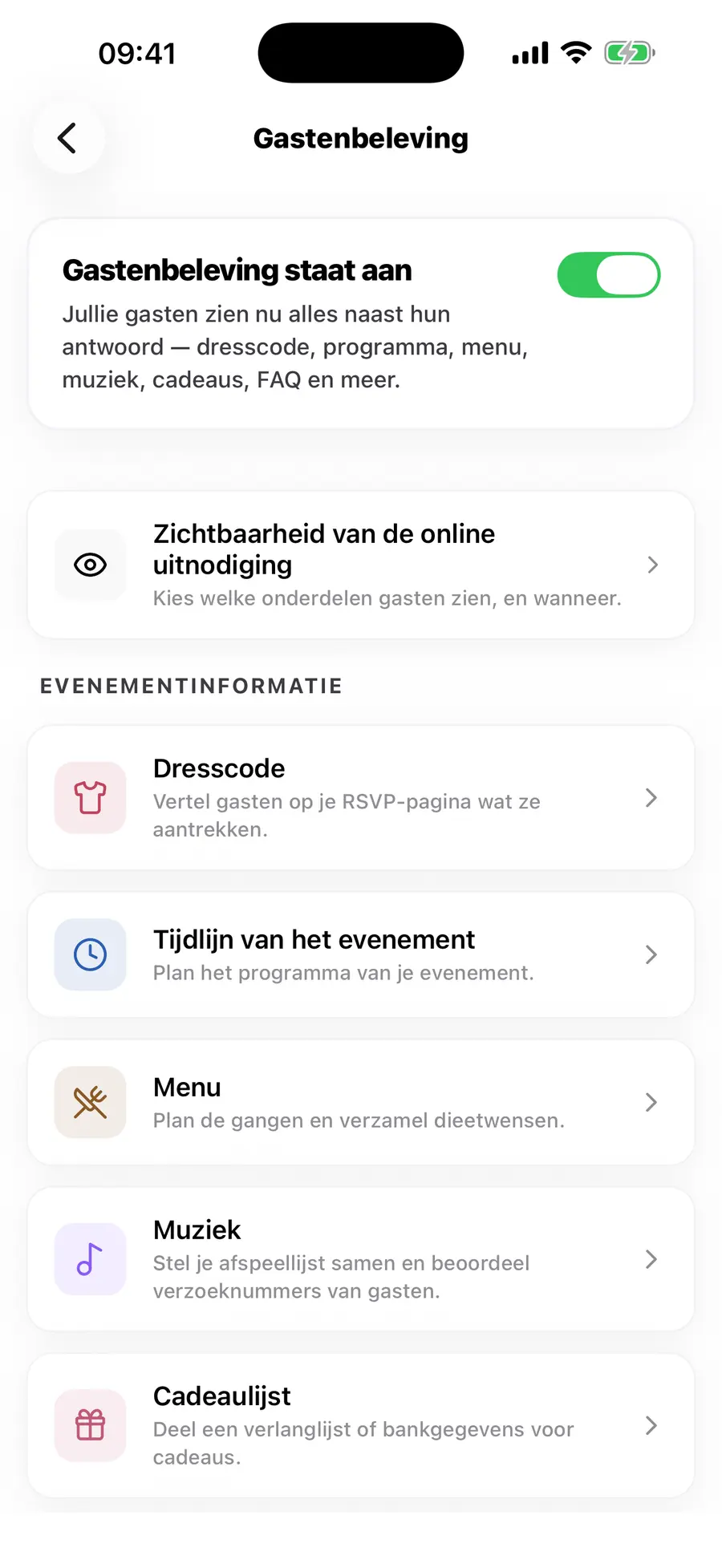 Het startscherm van de Vowly Event iOS-app, met dezelfde bruiloft