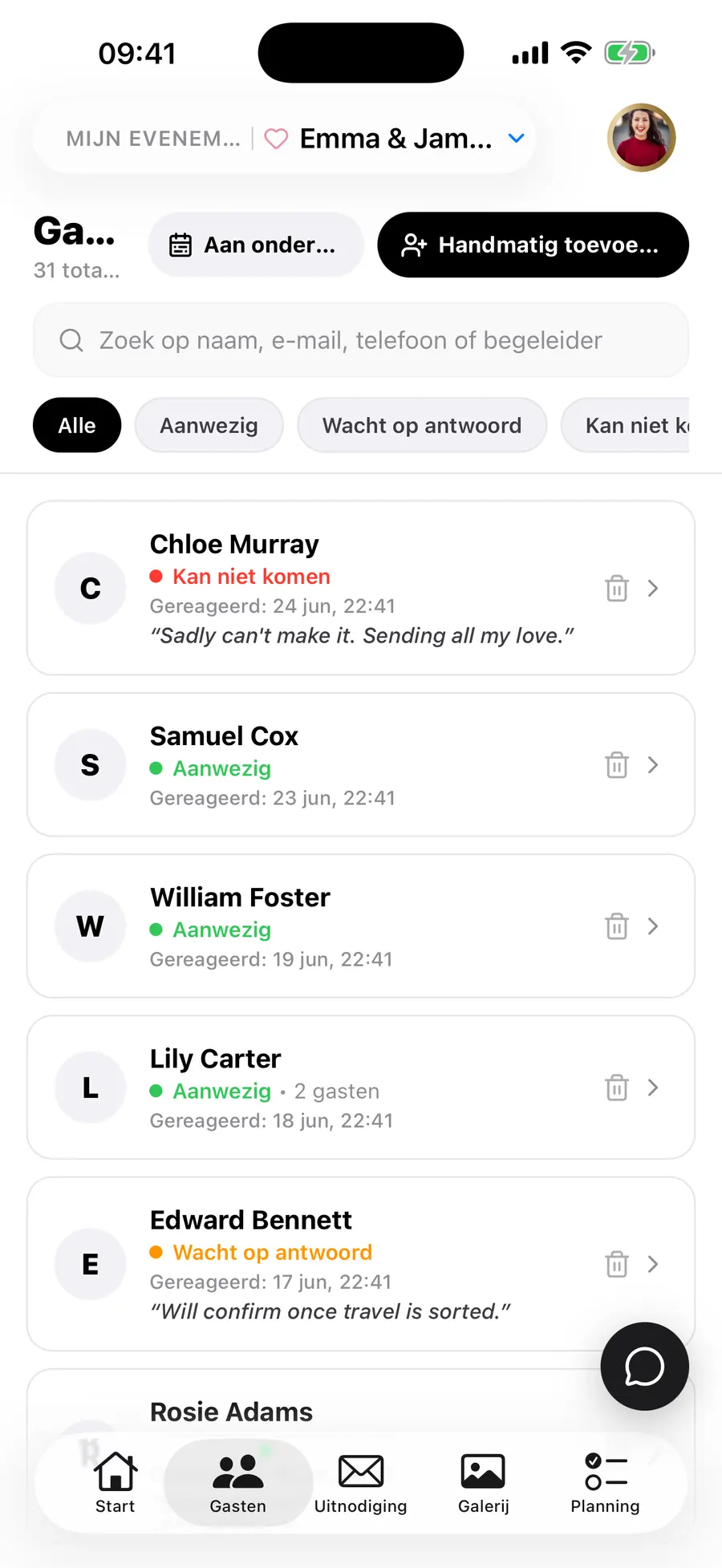 Het startscherm van de Vowly Event iOS-app, met dezelfde bruiloft