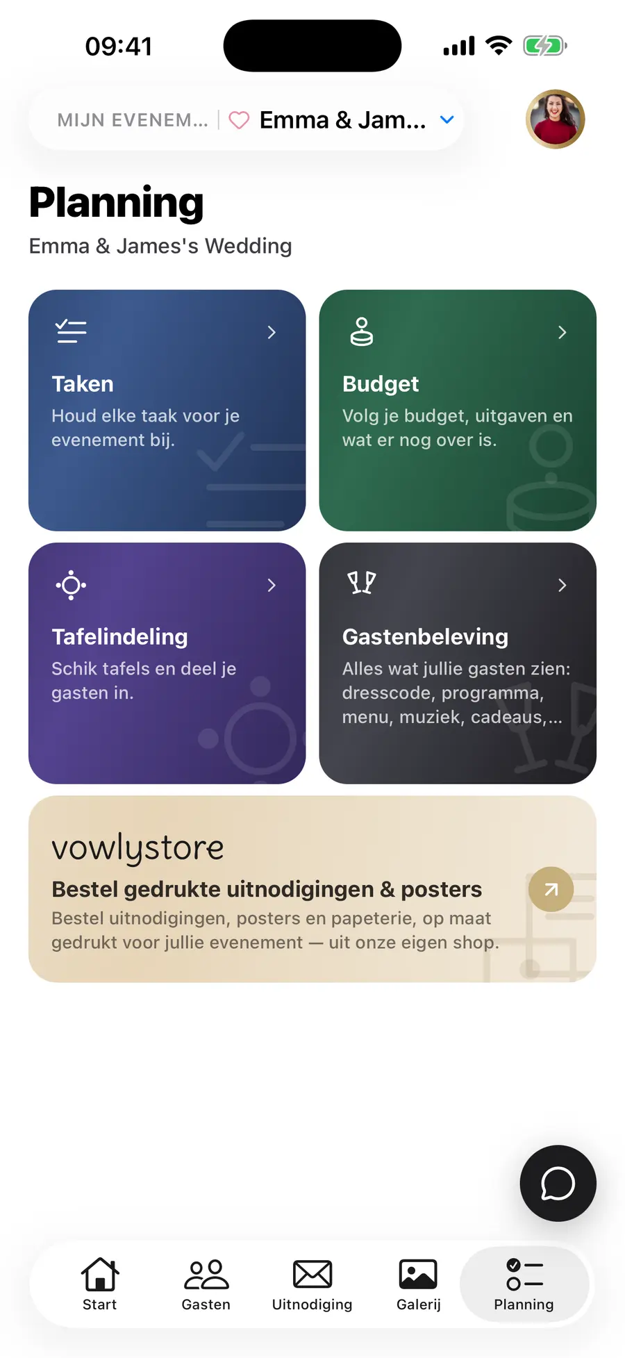 Het planningsoverzicht in Vowly Event: taken, budget en tafelschikking