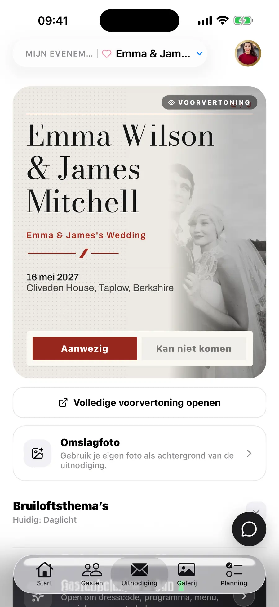 Het startscherm van de Vowly Event iOS-app, met dezelfde bruiloft
