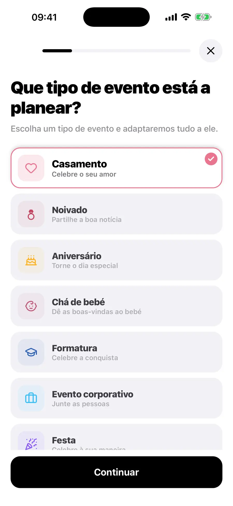 O ecrã inicial da aplicação iOS do Vowly Event, com o mesmo casamento