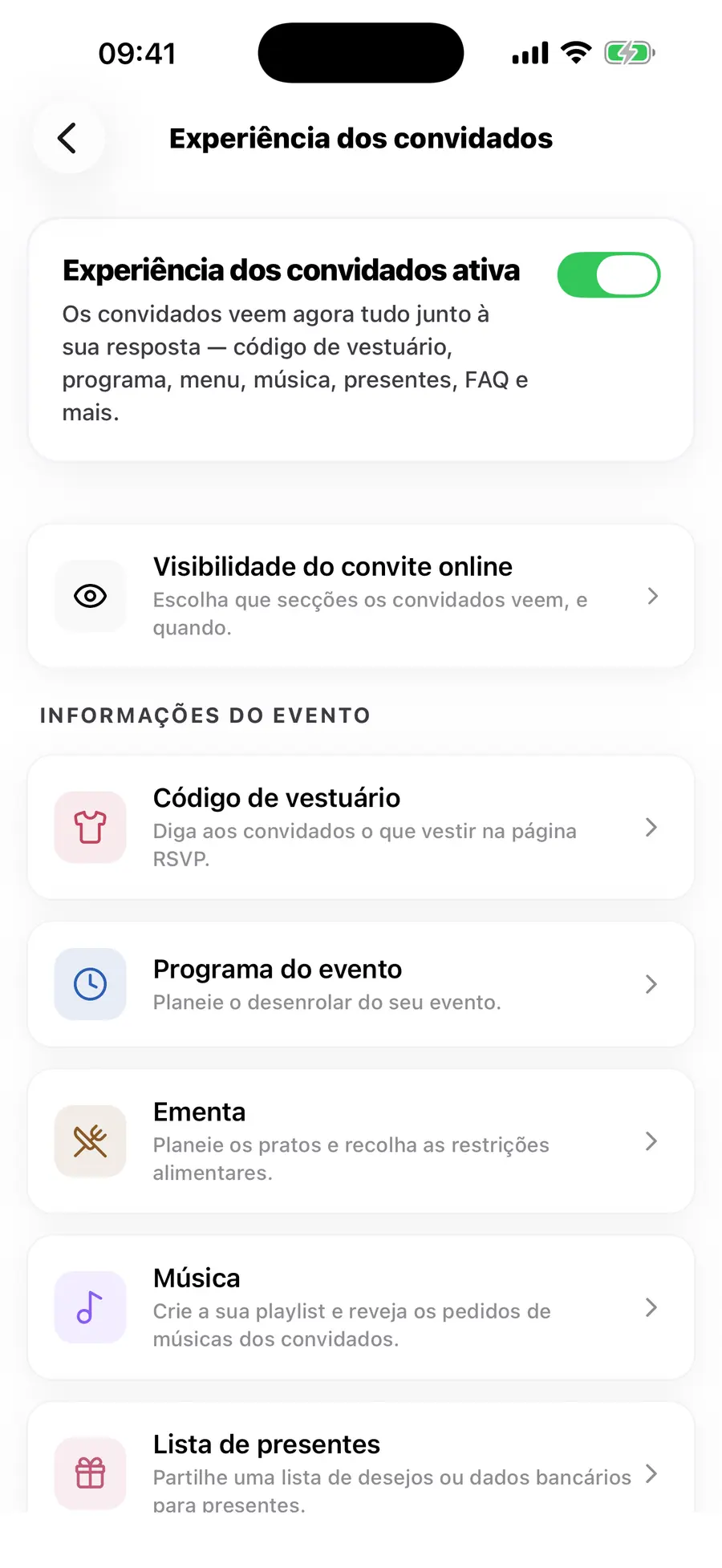 O ecrã inicial da aplicação iOS do Vowly Event, com o mesmo casamento
