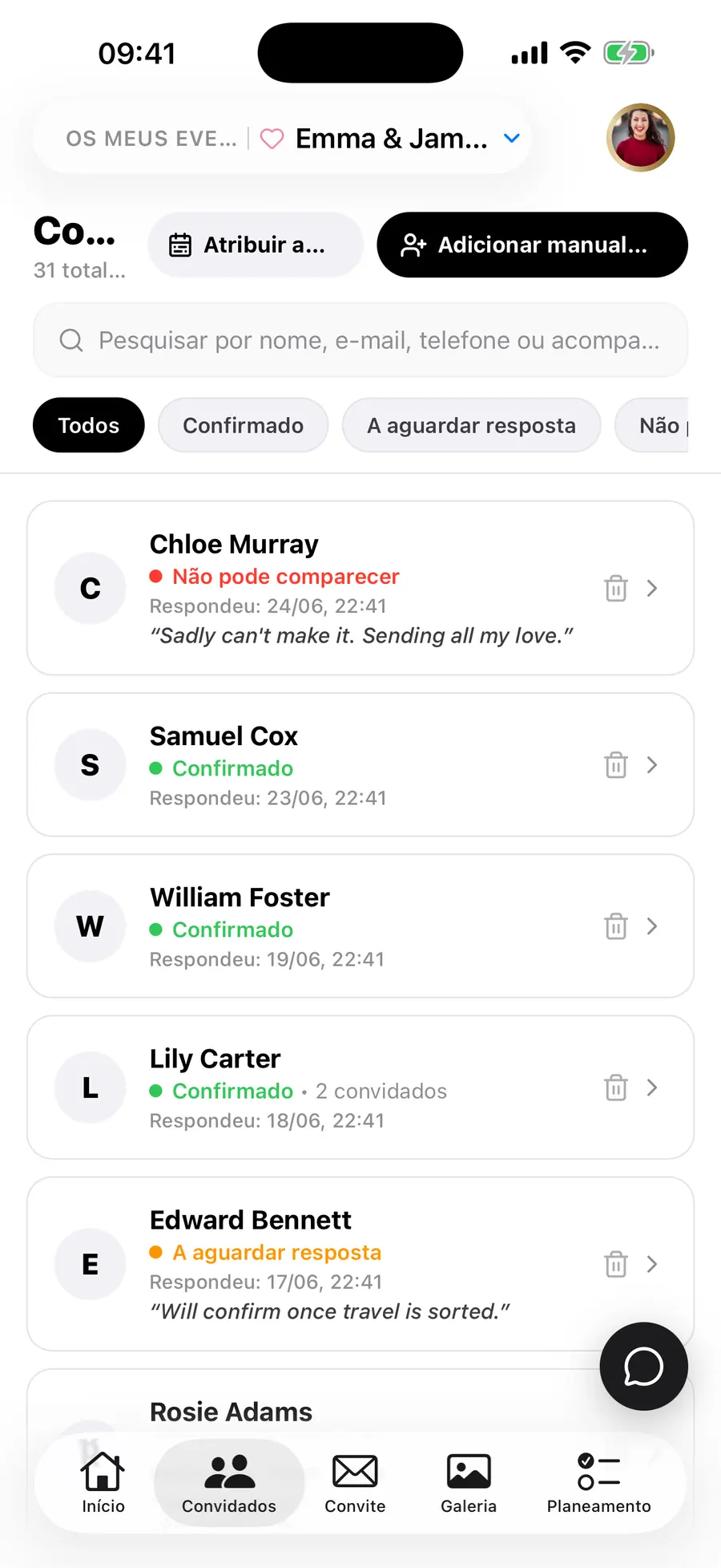 O ecrã inicial da aplicação iOS do Vowly Event, com o mesmo casamento