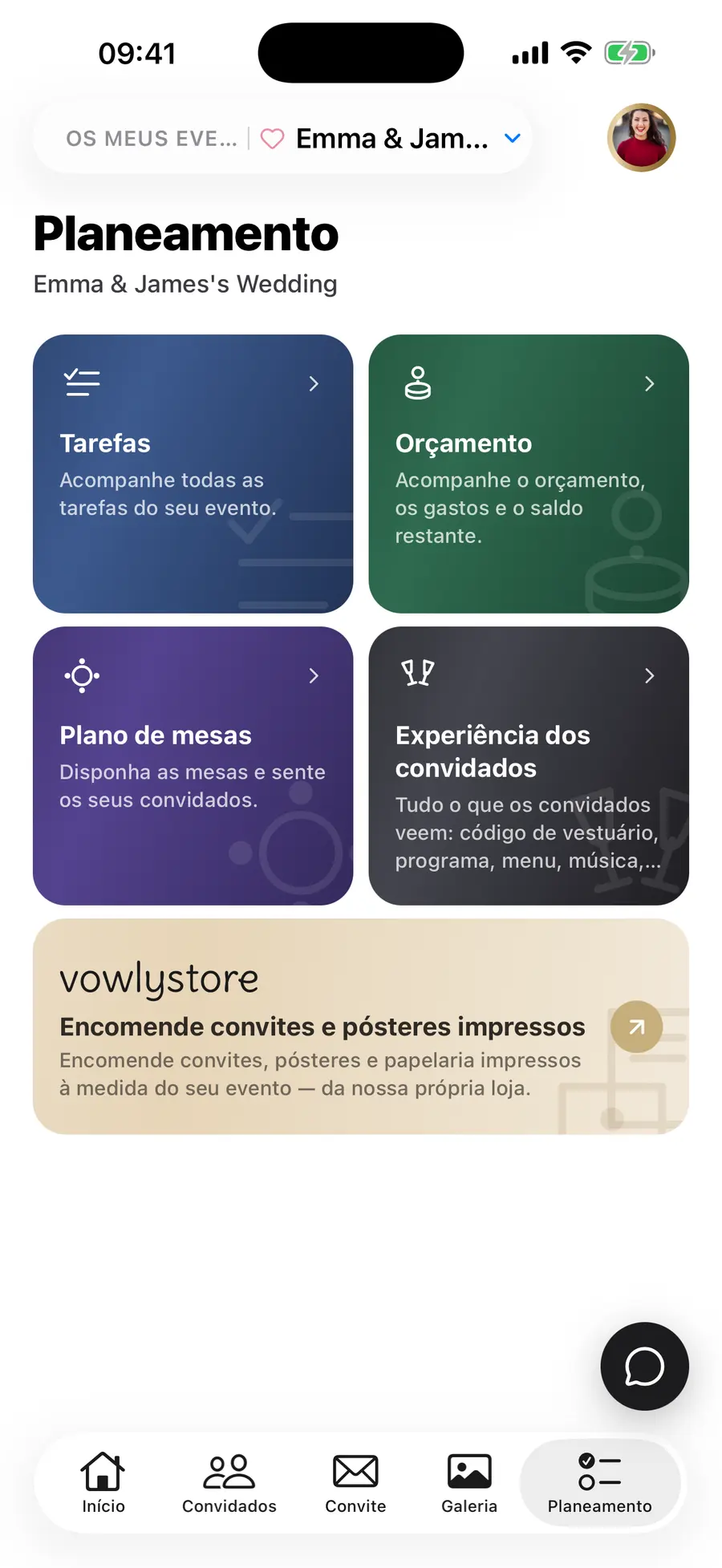 O ecrã inicial da aplicação iOS do Vowly Event, com o mesmo casamento