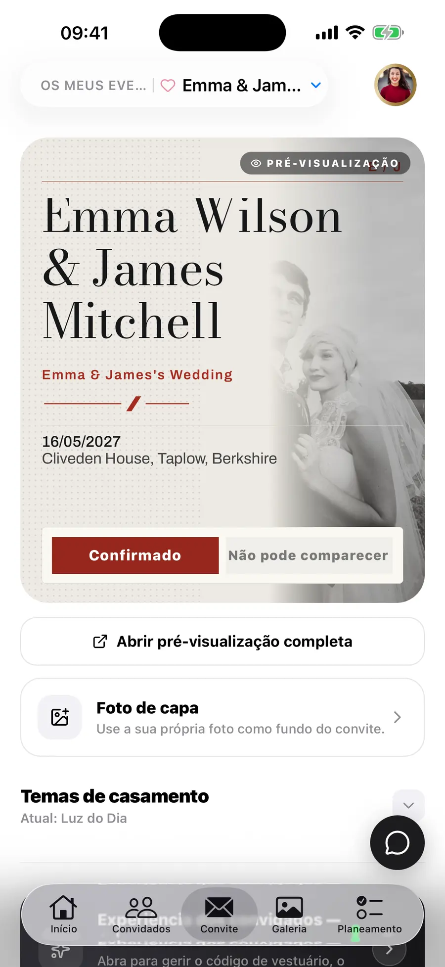 O ecrã inicial da aplicação iOS do Vowly Event, com o mesmo casamento