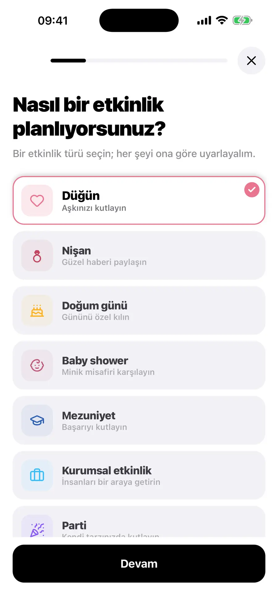 Vowly Event iOS uygulamasının ana ekranı: aynı düğün