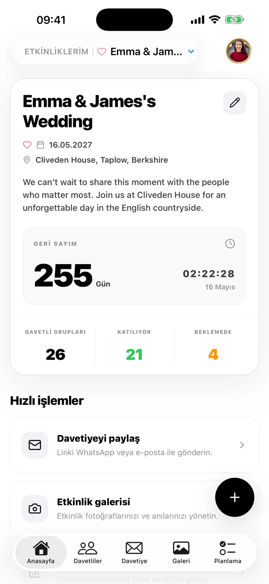 Vowly Event iOS uygulamasının ana ekranı: aynı düğün